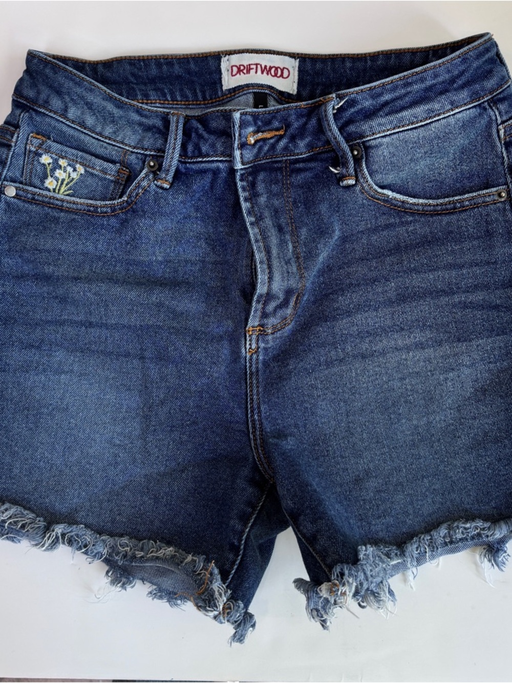 DRIFTWOOD Blue Frayed Denim Shorts with Embroidered Coin Pocket